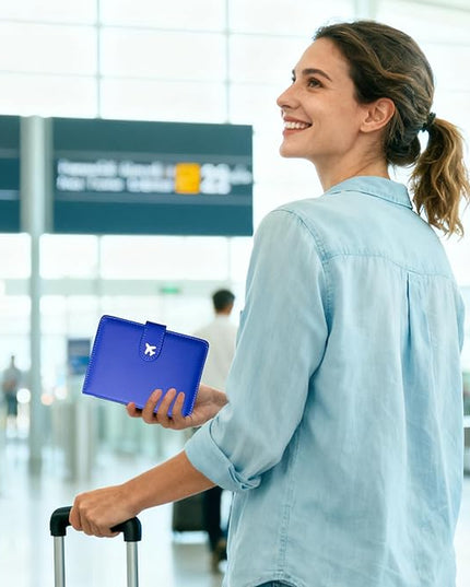Passport Holder, Travel Wallet Cover with Pen Loop | Cute RFID Blocking Leather Case with Magnetic Closure for Travel Essentials-Blue