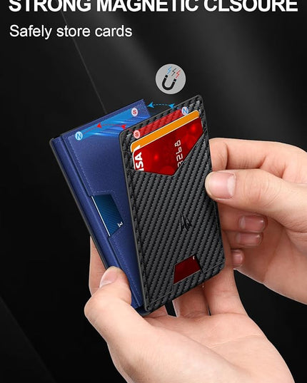 Ruiici Wallet for Men, Slim Minimalist Wallet with Money Clip＆ID Window, RFID Blocking Pop-Up Credit Card Holder, Smart Auminum Mens Wallet Holds 9-13 Cards (Gift Box) (Carbon Fiber & Blue)