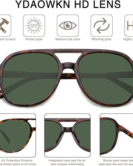 YDAOWKN Retro Square Aviator Sunglasses for Womens Mens Vintage 70s Double Bridge Sun Glasses
