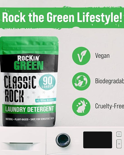 Rockin' Green Classic Rock Laundry Detergent (90 Loads), Plant based, All Natural Laundry Detergent Powder, Vegan and Biodegradable Odor Fighter, Safe for Sensitive Skin, 45 oz (AC/DSea Breeze)