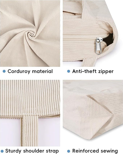 Iioscre Corduroy Tote Bag for Women,Hobo HandBags with Zipper,Large Capacity Casual Shoulder Handbags with Inner Pockets