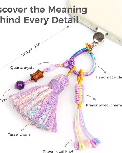 Boho Phone Charm with Tassel, Handmade Macrame Woven Phone Accessory, Cute Aesthetic Crystal & Wood Beaded Pendant Decoration for Cellphone, Bag, Keys