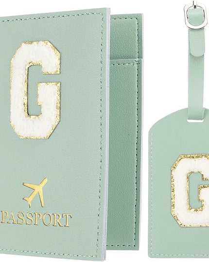 PATIKIL Passport Holder for Travel, Initial Passport Cover and Luggage Tag Set with Alphabet Chenille Letter Patch Travel Wallet Bag Suitcase Identifier for Women Family Travel Green G