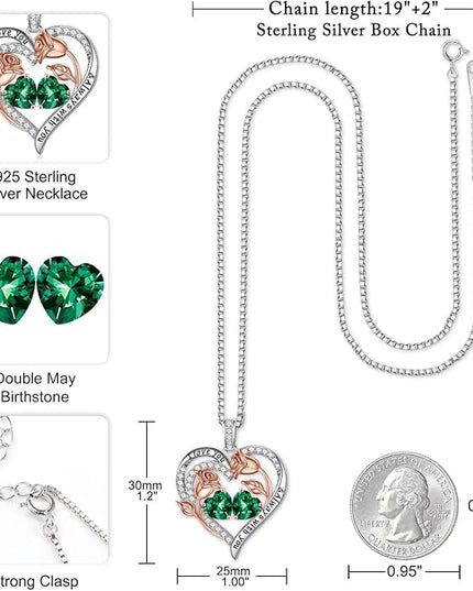 Iefil Christmas Gifts for Women Wife - 925 Sterling Silver Rose Heart Birthstone Necklace Birthday Anniversary Jewelry Gifts for Her Wife Mom Daughter