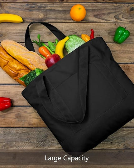 TOPDesign 6-Pack Canvas Tote Bags with an External Pocket, Reusable Grocery Shopping Bags, Top Zipper Closure, Daily Essentials (Black)