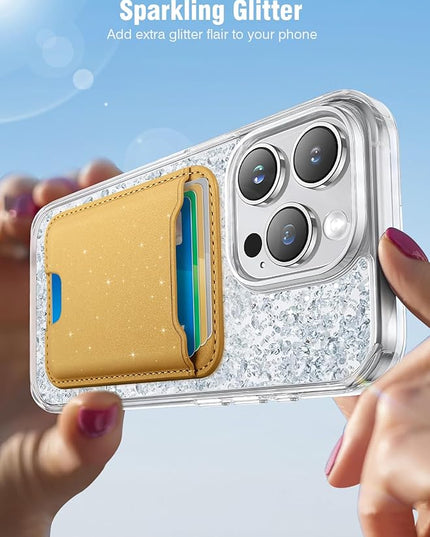 TopMade for Magsafe Wallet, Sparkle Magnetic Card Holder for iPhone 17, 16, 15, 14, 13, 12 Series, Leather RFID Blocking, Fit 4 Cards, Glitter Yellow