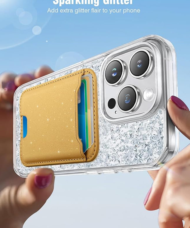 TopMade for Magsafe Wallet, Sparkle Magnetic Card Holder for iPhone 17, 16, 15, 14, 13, 12 Series, Leather RFID Blocking, Fit 4 Cards, Glitter Yellow