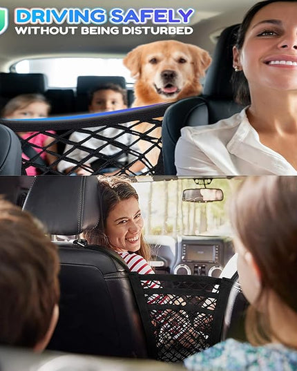 DYKESON Pet Barrier Dog Car Net Barrier with Car Mesh Organizer Baby Stretchable Storage Bag Universal for Cars, SUVs -Easy Install,Safer to Drive with Pets and Children, 3 Layer S