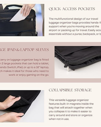 BAREFOOT CARIBOU Over Luggage Organizer for Carry On Bag or Suitcase with Storage Pockets, 16” Laptop Sleeve with Handle, Travel Accessories Bag Slide On Luggage Harness with Adjustable Straps (Black)