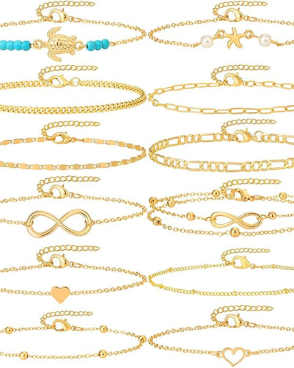 Starain 12Pcs Summer Beach Anklets for Women Waterproof Gold Silver Chain Ankle Bracelets Cute Women's Foot Anklet Set 7.9-10.5 inch Adjustable