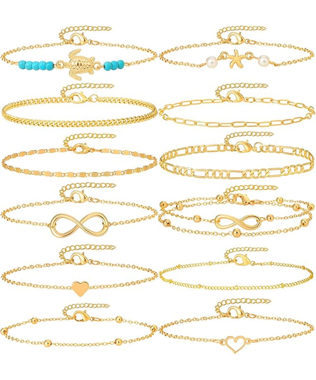 Starain 12Pcs Summer Beach Anklets for Women Waterproof Gold Silver Chain Ankle Bracelets Cute Women's Foot Anklet Set 7.9-10.5 inch Adjustable