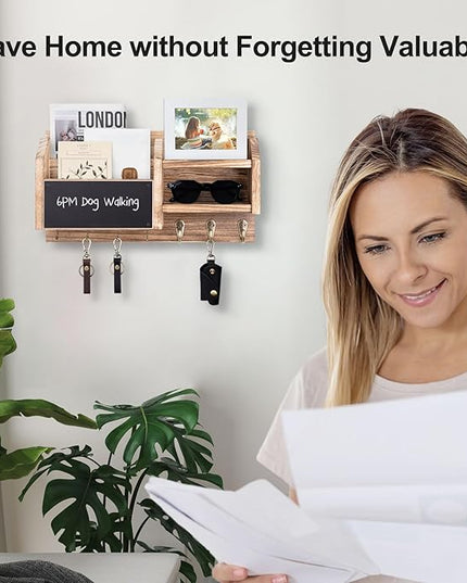 Lwenki Mail and Key Holder – Wall Mount Key Hanger with Shelf and 7 Metal Hooks – Decorative Natural Paulownia Wood Entryway Organizer with Mounting Hardware (16.5”W x 8.7”H x 3.5”D) (Wood)