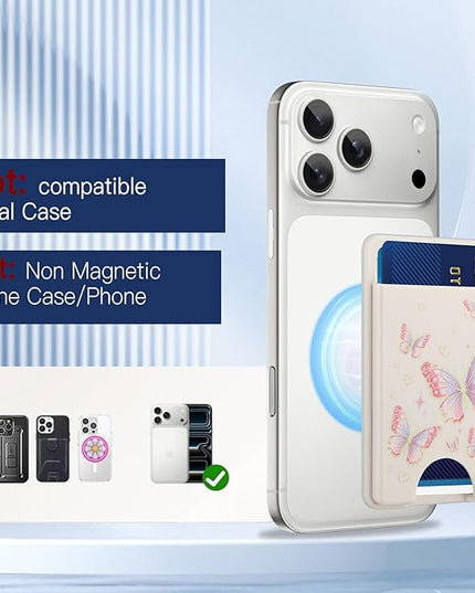 Stronger Magnetic Card Slot Wallet for iPhone 17/16/15/14/13/12 Series (Not for 13/12 Mini), Butterfly Pattern Hard Card Holder Fit 3 Cards Compatible with Magsafe Accessories, White