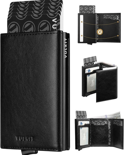VULKIT Pop up Card Wallet Minimalist Cash Wallets RFID Blocking Leather Smart Credit Card Holder with ID window for Men(Black)
