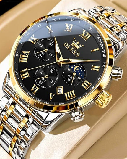 OLEVS Mens Watch Luxury Big Face Stainless Steel Analog Quartz Multifunctional Waterproof Luminous Date Two Tone Fashion Dress Wrist Watches for Man