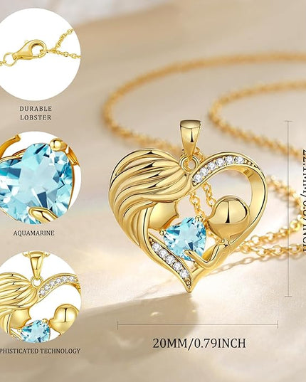 FANCIME Mom Birthstone Necklace Mother and Child Love Heart Necklace I Love You Mom Gifts Mothers Day Birthstone Jewelry Gifts for Grandmother Women Wife, 16"+2" Inches