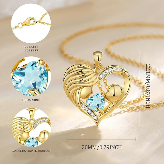 FANCIME Mom Birthstone Necklace Mother and Child Love Heart Necklace I Love You Mom Gifts Mothers Day Birthstone Jewelry Gifts for Grandmother Women Wife, 16"+2" Inches