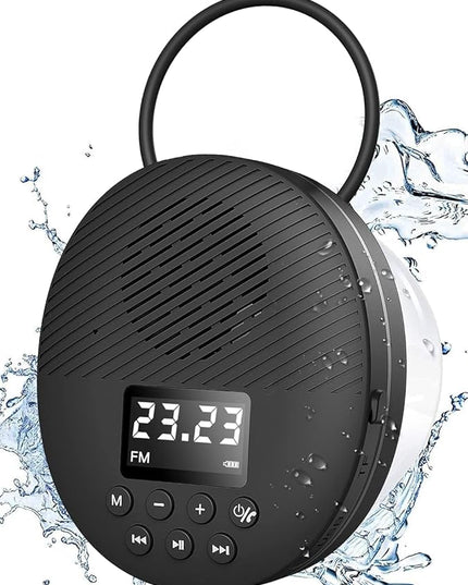 Shower Radio Speaker with Bluetooth 5.0, AGPTEK Waterproof Wireless Bathroom FM with Suction Cup 12H Long Playback Time, Lanyard, LCD Screen Display, Handsfree Calling, Storage Card Playback (Black)
