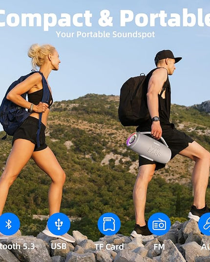 HEAVY BASS Speakers Bluetooth Wireless, 80W Max Loud Portable Speaker with Bass, 20H Playtime, IPX6 Waterproof, Dual Pairing, Gift Ideal for Adults Men Women Teen Boys Girls (Gray, Large)