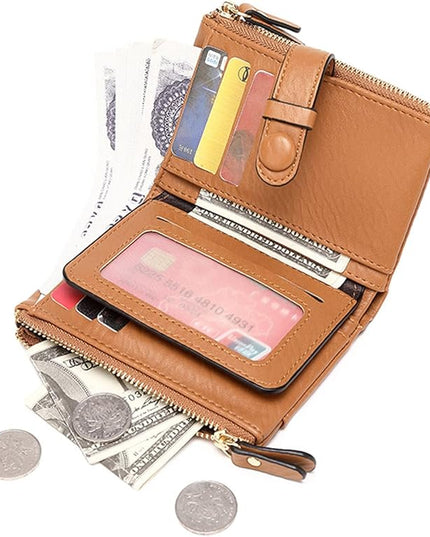 AOXONEL Women's Wallets Leather Wallets for Women Rfid Small Ladies Wallet Billfolds for Women,Trifold Mini Wallets for Women with Double Zipper Coin Pocket (Brown)