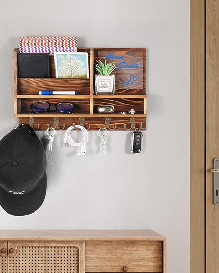 ClyraStor Key Holder Wall Mount, Mail Organizer Wall Mounted, Solid Wood Key Holder for Wall Living Room Entryway Home Decor, with 10 Key Hooks, Shelf, Marker Pen, 15.7" x 10.2" x 2.8"