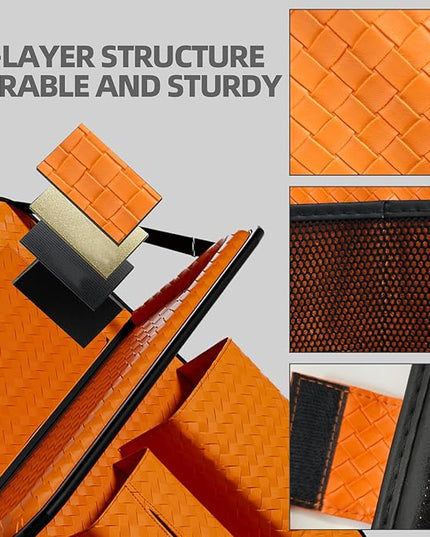 Car Back Seat Organizer, Black Woven Leather Storage Bag, Multifunctional Rear Seat Protector with Tablet Holder, 25.2x17.7 Inches, Abrasion Resistant (Orange)