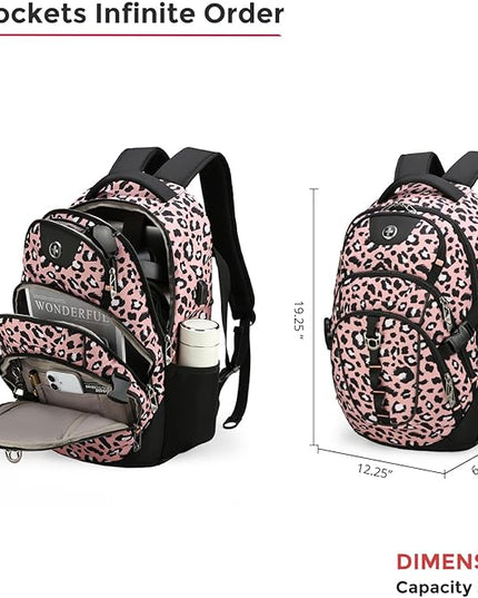Swissdigital Laptop Backpack with USB Charging Port, Travel Backpack Fits 15.6 inches Computer, 31L Backpack for Women, Pink Leopard | SD803-102