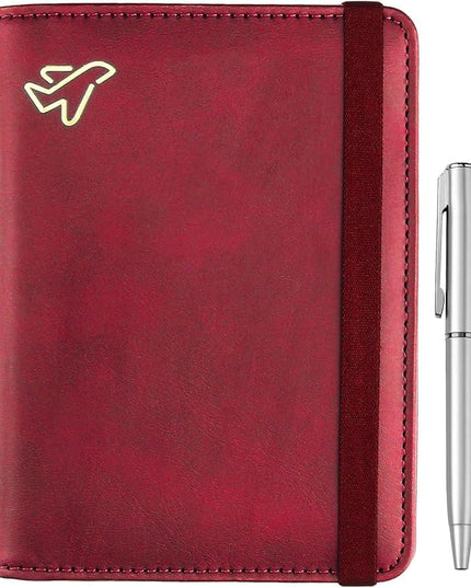 WALNEW Passport Holder for Travel, RFID Passport Cover Wallet for Women Men, PU Leather Passport Book Card Holder Case with Pen (Elastic Band Closure, C-Red)