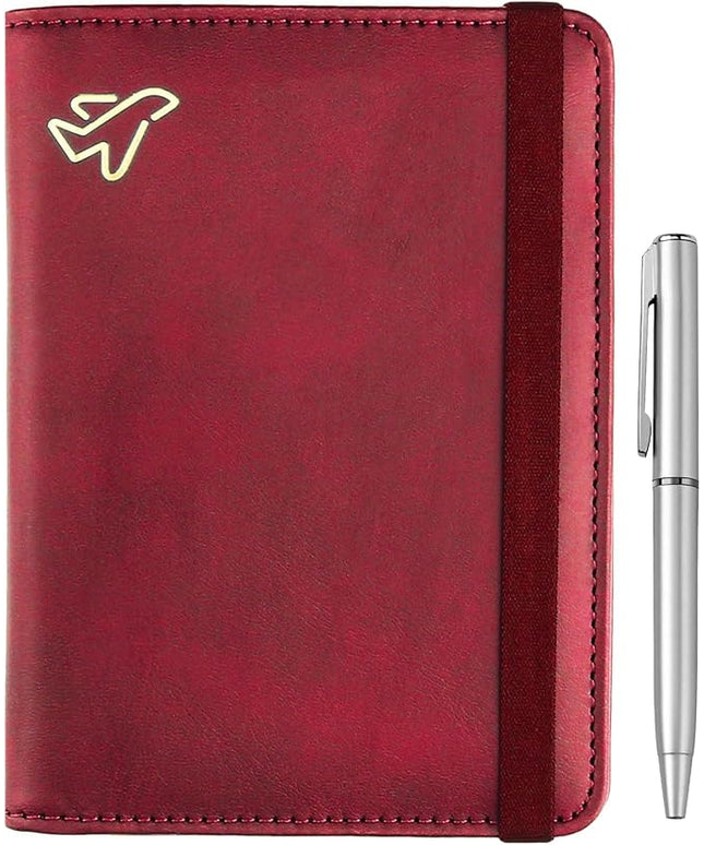 WALNEW Passport Holder for Travel, RFID Passport Cover Wallet for Women Men, PU Leather Passport Book Card Holder Case with Pen (Elastic Band Closure, C-Red)