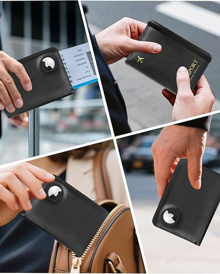 Passport Holder with AirTag – RFID Blocking Travel Document Wallet, Leather Passport Cover with AirTag Slot, Keeps Passport Safe & Trackable (Black)