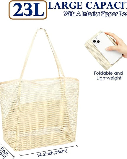 Mesh Beach Bag, Large Beach Tote with Zipper Pocket, Toys Pool Bag for Family Travel Vacation Cruise Essentials