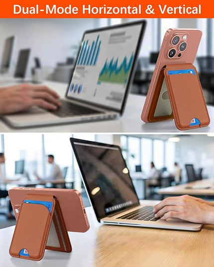 for Magsafe Wallet, Phone Cardholder with Adjustable Stand, Magnetic Card Holder with 3 Card Slots, Magnetic Wallet for iPhone 16/15/14/13/12 Series, Not for iPhone 13/12 Mini(Brown, Leather)