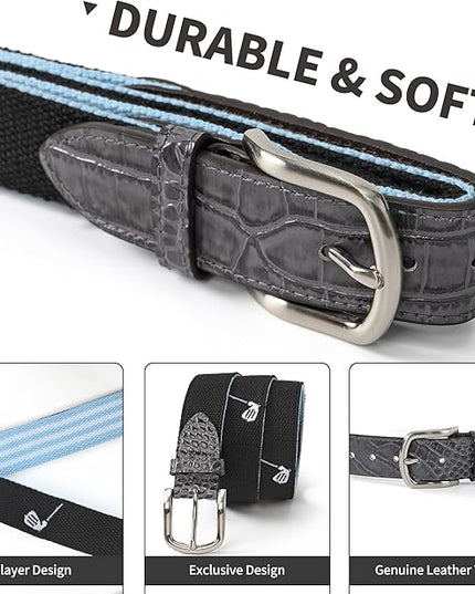 Mile High Life Golf Belts for Men, Canvas Belt with Genuine Leather Tips, Embroidered 2 Layer Web Belt with Pin Buckle