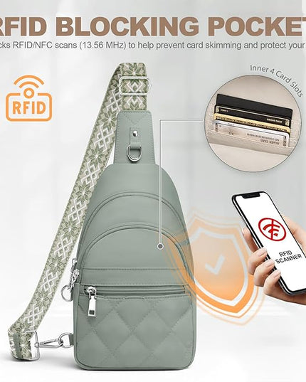 Sling Bag for Women, Anti-Theft RFID Crossbody Bag Nylon Sling Purse for Travel, Puffy Small backpack for Daily Hiking Sports Green