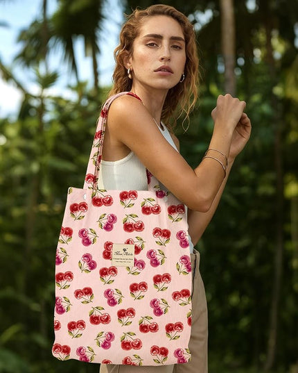 Corduroy Tote Bag for Women - Reusable Totes with Pocket & Buckle Cute Aesthetic Shoulder Bag for Work Travel