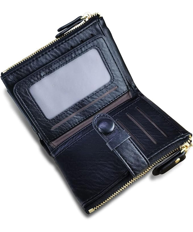AOXONEL Women's Wallets Leather Wallets for Women Rfid Small Ladies Wallet Billfolds for Women,Trifold Mini Wallets for Women with Double Zipper Coin Pocket (Black)