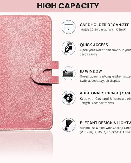 DEERHANDMADE womens wallet (Holds 15-18 Cards, 4 Flat Pockets, 1 ID Windows) Genuine Leather clutch purses for women | Slim long wallets for women | rfid blocking wallet (pink wallets)