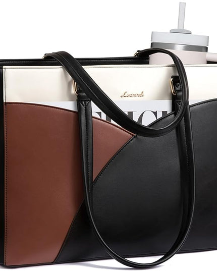 LOVEVOOK Laptop Bag for Women,17.3Inch Work Teacher Bags Leather Tote Bag Briefcase Waterproof Computer Bag for Women，Black-White-Brown
