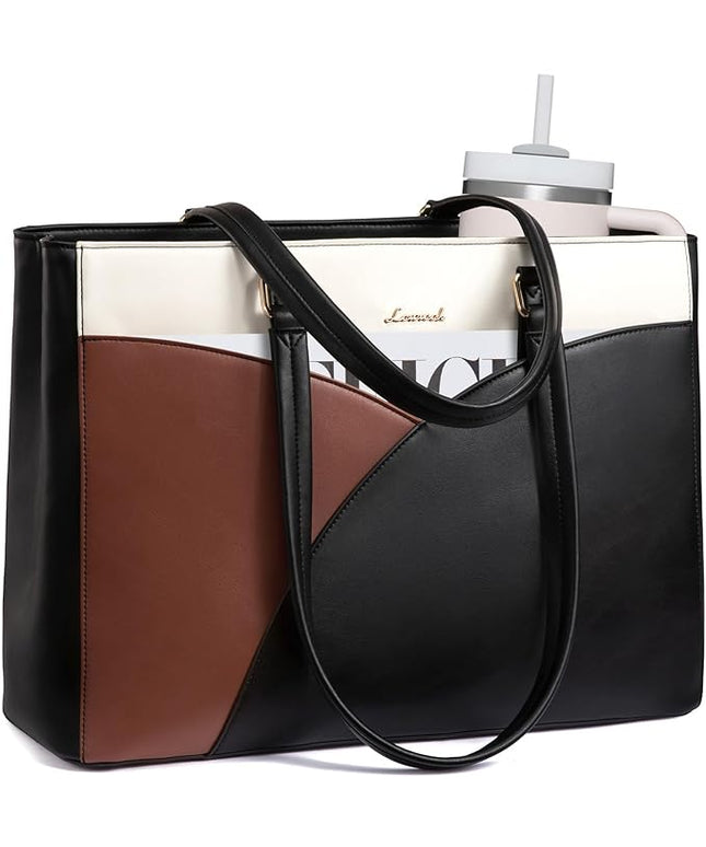 LOVEVOOK Laptop Bag for Women,17.3Inch Work Teacher Bags Leather Tote Bag Briefcase Waterproof Computer Bag for Women，Black-White-Brown