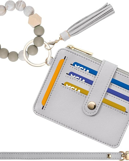 Keychain Wallet with Bracelet RFID Blocking Wristlet Credit Purse Card Holder, Silicone Bead Tassel Key Ring for Women