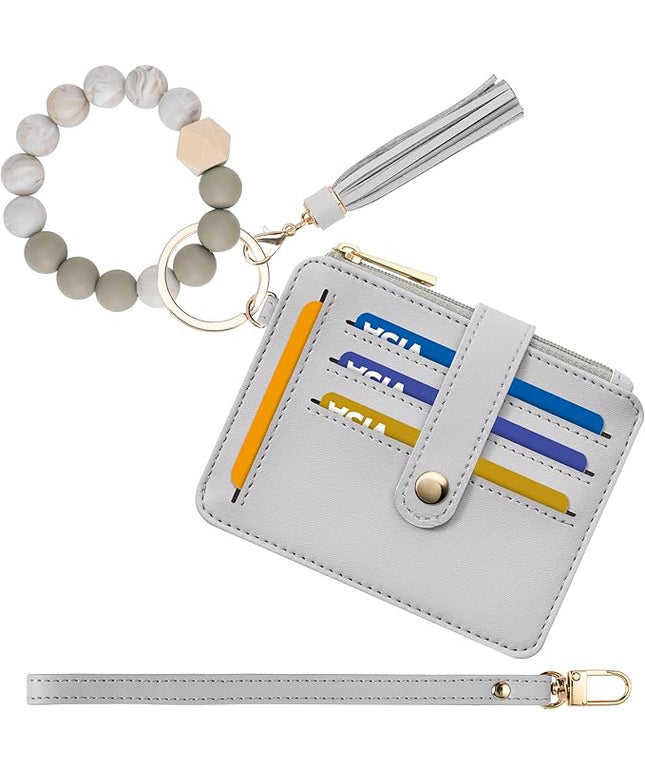 Keychain Wallet with Bracelet RFID Blocking Wristlet Credit Purse Card Holder, Silicone Bead Tassel Key Ring for Women