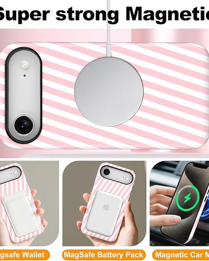 Magnetic for iPhone 17 Air Case Cute Diagonal Stripes Phone Case, Shockproof Slim TPU and Hard PC Protective Phone Cover Compatible with MagSafe Designed for Women Girls,Pink