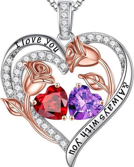 Iefil Christmas Gifts for Women Wife - 925 Sterling Silver Rose Heart Birthstone Necklace Birthday Anniversary Jewelry Gifts for Her Wife Mom Daughter