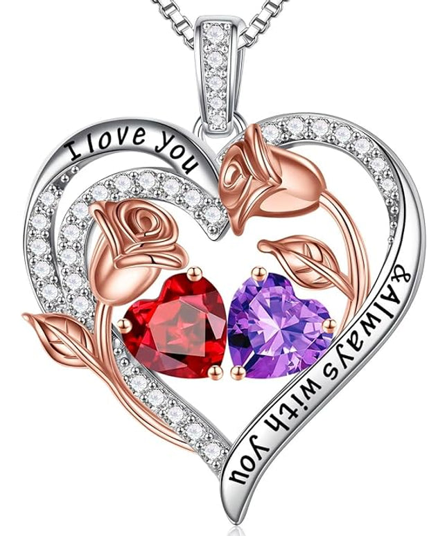 Iefil Christmas Gifts for Women Wife - 925 Sterling Silver Rose Heart Birthstone Necklace Birthday Anniversary Jewelry Gifts for Her Wife Mom Daughter