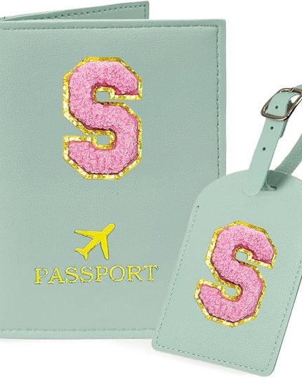 COSHAYSOO Initial Passport Cover Luggage Tag Set Letter Passport Holder Airplane Cruise Travel Essentials Vacation Traveling Accessories Personalized Gifts for Women Teen College Girls Teal S