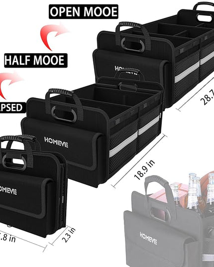 Homeve Trunk Organizer for Car, Collapsible Storage Box, Car Storage Organizer, 6 Compartment, Multi Pockets, Non Slip Strips, 2 Adjustable Securing Straps, Black