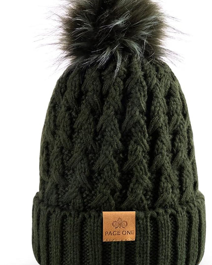 PAGE ONE Womens Winter Ribbed Beanie Crossed Cap Chunky Cable Knit Pompom Soft Warm Hat