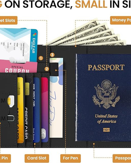 Passport Holder for Travel Essentials, RFID Blocking Leather Cover Wallet with Magnetic Closure, Aesthetic & Cute Passport Book Case for Women and Men - Black