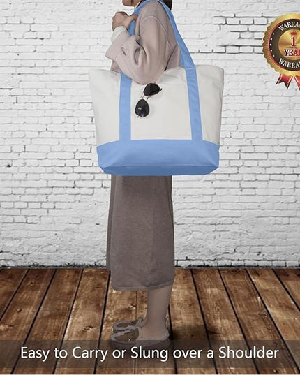 TOPDesign 1-Pack Canvas Tote Bag with an External Pocket, Reusable Grocery Shopping Bag, Top Zipper Closure, Daily Essentials (Light Blue/Natural)