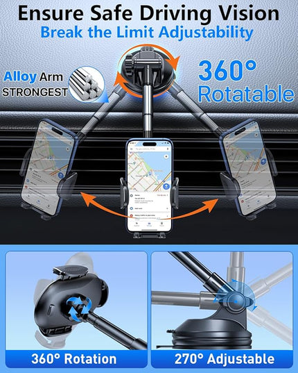 HTU 【Military-Grade Suction】 Cell Phone Holder for Car【Flexible Telescopic Arm】 Car Phone Mount Stand for Dashboard Windshield for iPhone 17 16 Pro Max 15 14 13 12 Samsung Truck Jeep, Black
